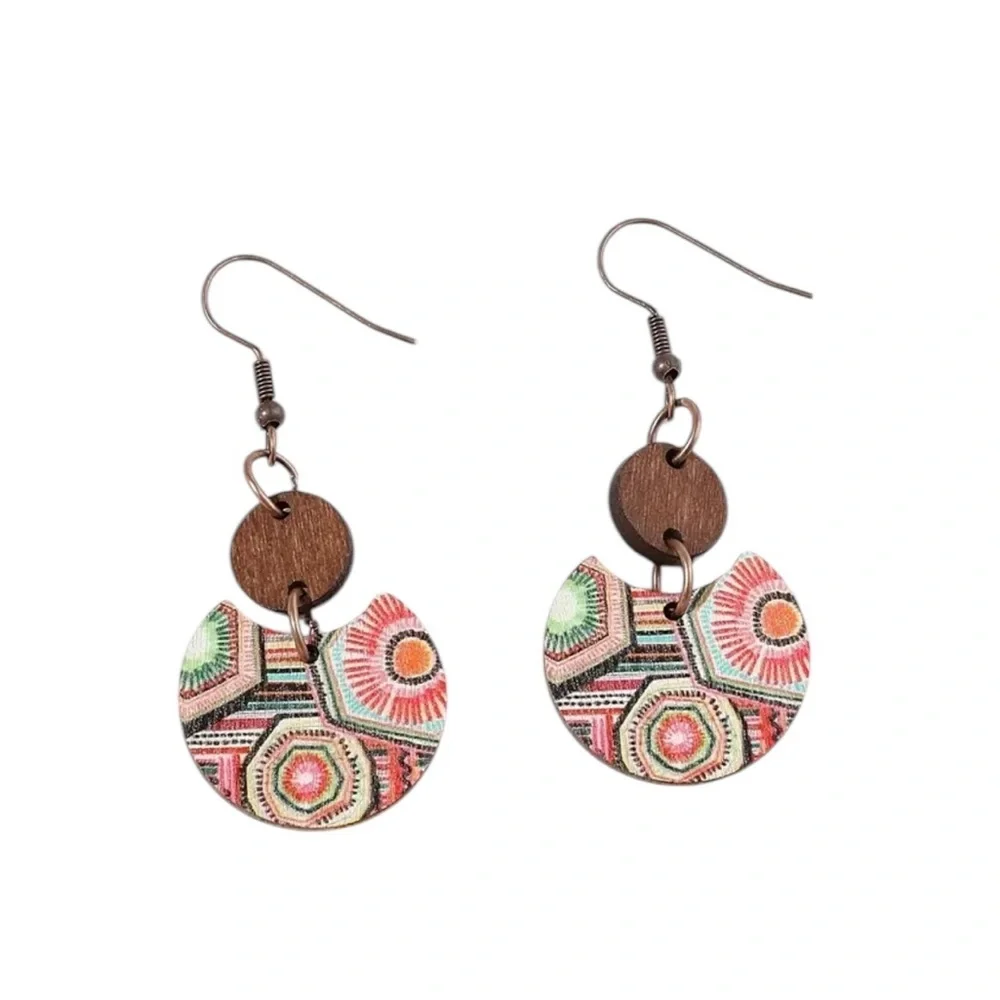 Boho Colorful Print Segmented Wooden Drop Style Earrings - Picture 1 of 6